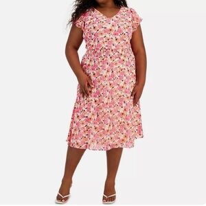 Msk Wemens Plus Size Floral-Print Flutter-Sleeve Midi Dress